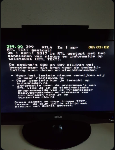 Op 1 april 2017 nam RTL afscheid van Teletekst met deze laatste pagina.