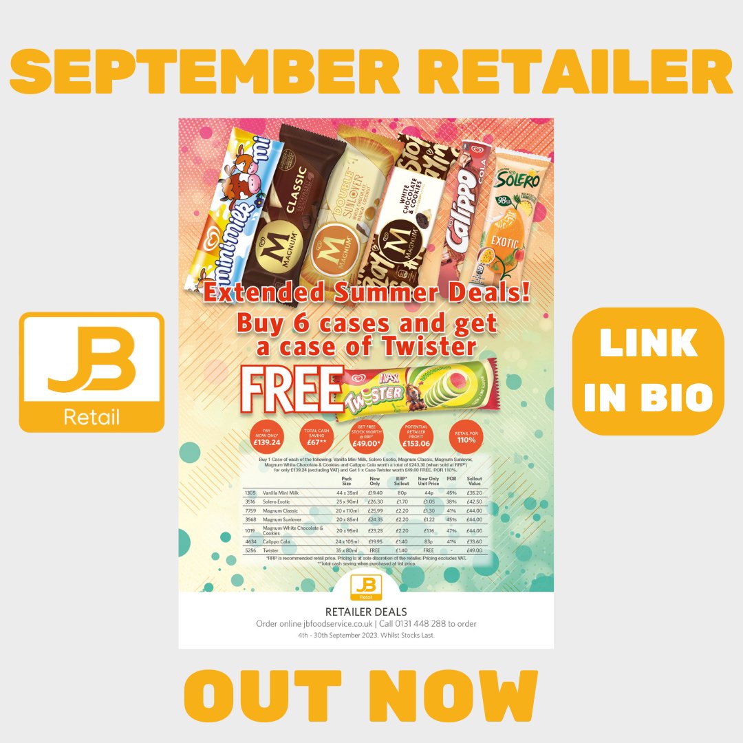 JBFoods's tweet photo. Our September retail deals are out now!

We’ve got loads of fantastic deals on take home and impulse ice cream. Stock up for the last blast of sunshine in September!

Head to our offers page to find out about our deals of the month https://t.co/UAksgLJlNs https://t.co/MACcCg7bad