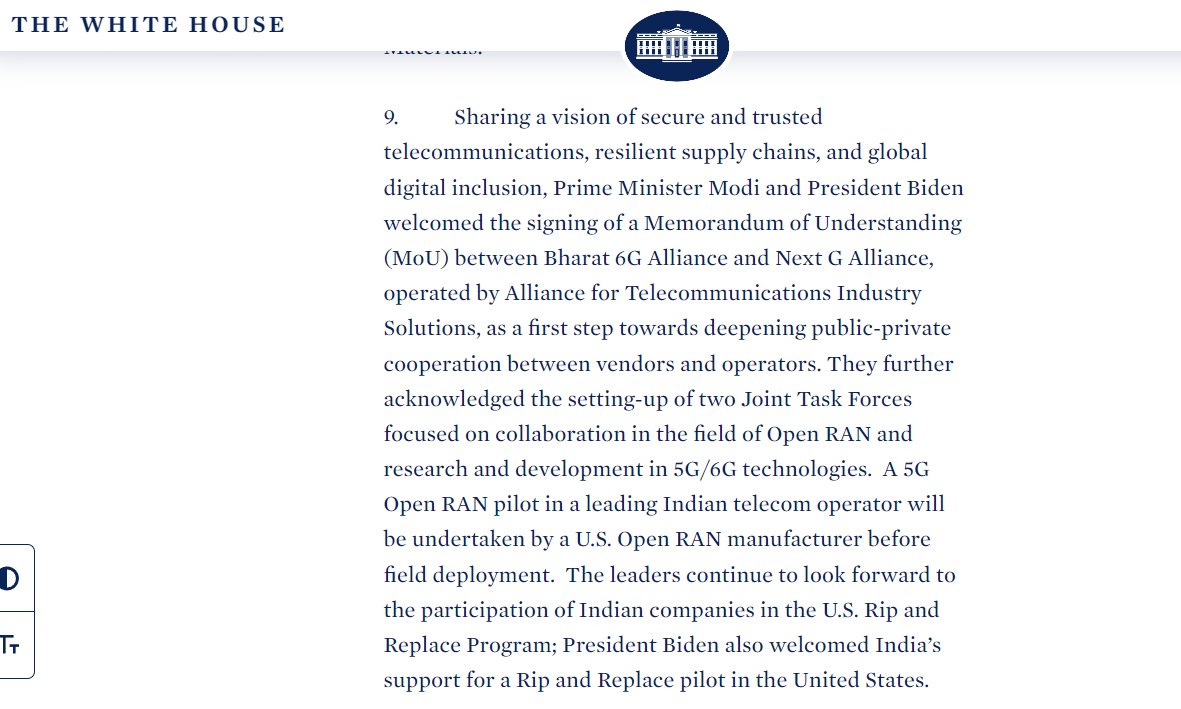 Sharing a vision of secure and trusted telecommunications, resilient supply chains, and global digital inclusion, Prime Minister Modi and President Biden welcomed the signing of a Memorandum of Understanding (MoU) between Bharat 6G Alliance and Next G Alliance, operated by