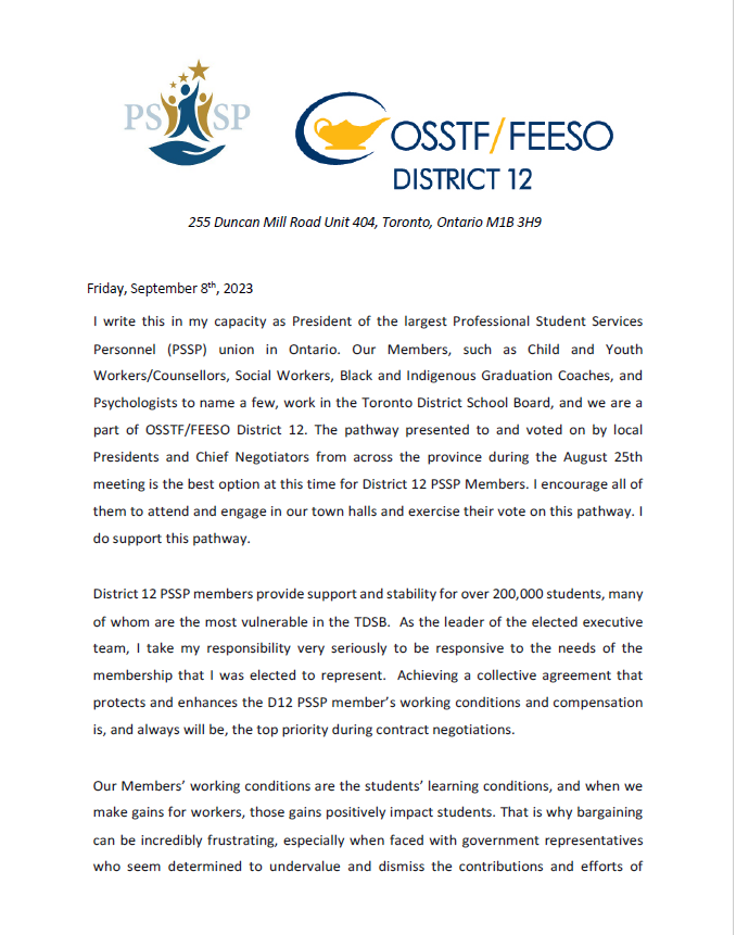 PSSP Toronto, OSSTF tweet media