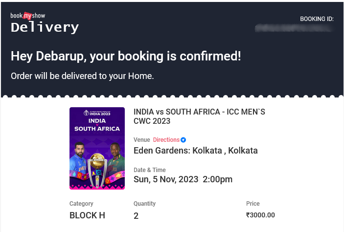 DebrupRocks's tweet photo. So finally got the ticket. Thank you @BCCI for releasing tickets again. Though I was lucky to book the tickets. Many of my friends waited for 2 hrs but unable to purchase #ODIWorldCup2023 #BookMyShow #BCCI #IndianCricketTeam #WorldCup2023 https://t.co/tdkDhhksMX