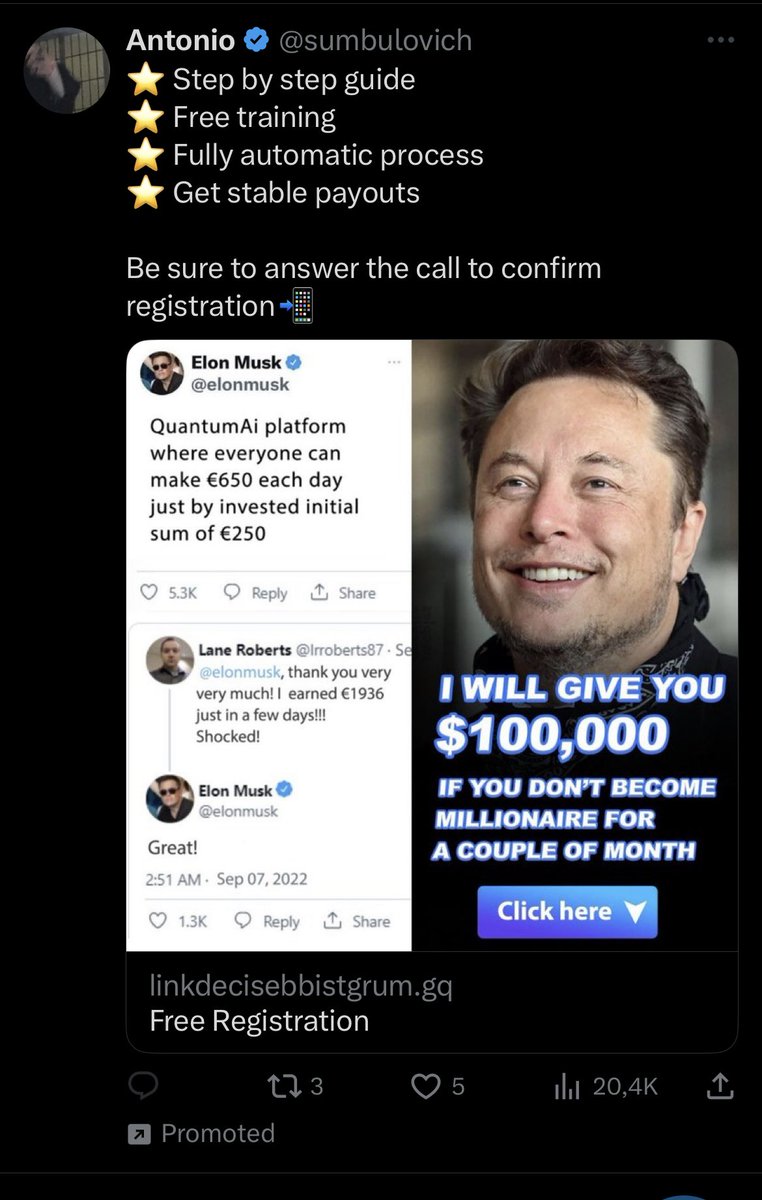 There’s a lot of irony to spammer ads that (mis)use Elon’s picture getting through the programmatic approval processes.
