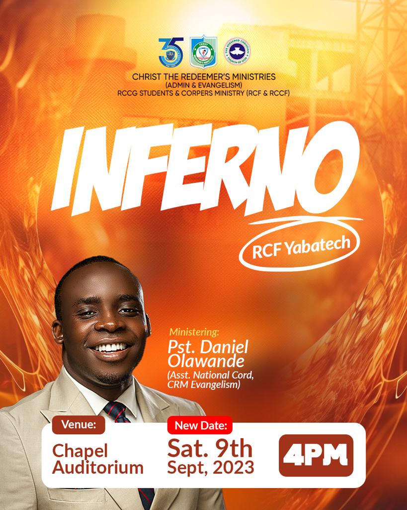 pdanielolawande's tweet photo. So sorry YabaTech 
I missed my flight to Lagos

We will be live on your campus tomorrow for Inferno by 4 pm

At the Chapel

Invite everyone you know 
It will be hotter tomorrow. 
@rcfyabatech https://t.co/klkBe8LE2c
