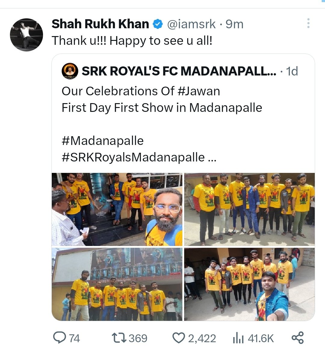 SrkFCMPL's tweet photo. This Made Our Day @iamsrk Thank you For Loveing Us Thank you Soo much For The Reply My #Jaan #Jawan
#SRKRoyalsMadanapalle
#TweetLink 👇
https://t.co/LD6mUKFBgQ https://t.co/jdsXvI9zq9