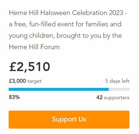 We're up to £2,510 on our Hallween crowfdunder. Huge thanks to all of you who have donated so far and a special mention to @lambeth_council for their crowdfunding grant of £1500! 5 days left and only £410 to raise - can you donate anything? #HerneHill crowdfunder.co.uk/p/hernehillfor…