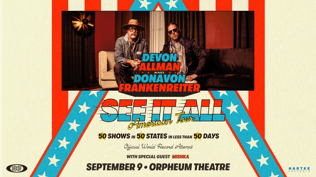 🎸🌎✌🏼 Be a part of history TONIGHT! @devonallman and @dfrankenreiter take the @WichitaOrpheum stage with the See It All Tour. Tickets are available online 👇 and in person when the box office opens at 4pm today. 🚪 7pm Doors 🎤 8pm Show 🎫 found.ee/DA-DF-Sept9
