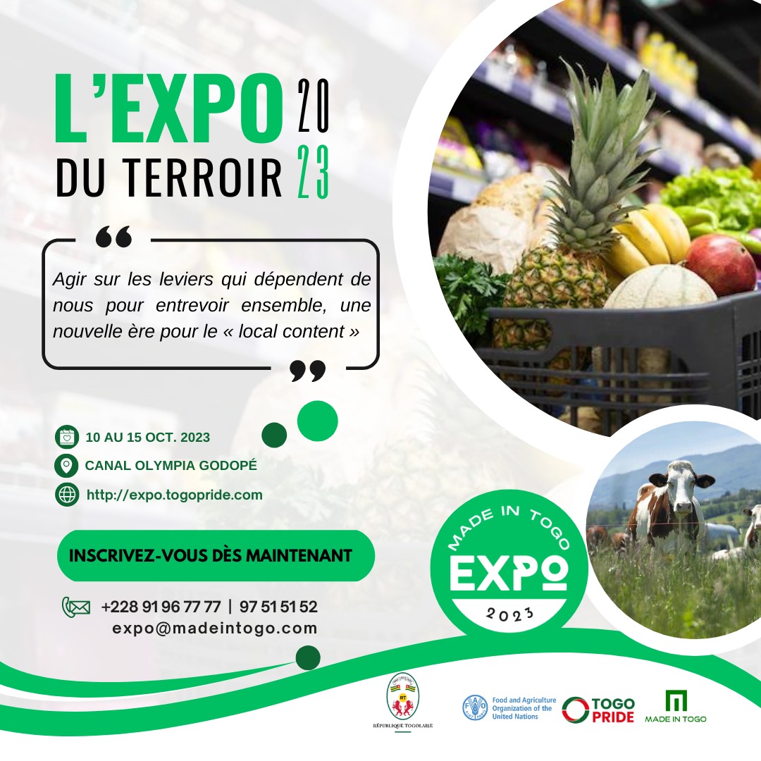 madeintogo_com's tweet photo. Inscrivez-vous pour rejoindre l’Expo Made In Togo 2023 et faîtes percevoir au public les merveilles de votre innovation sur l’esplanade du Canal Olympia Godopé du 10 au 15 octobre 2023.

#MITE23 #MIT_Expo_2023 #ExpoDuTerroir #LocalContent https://t.co/XrKoc1S5Ww