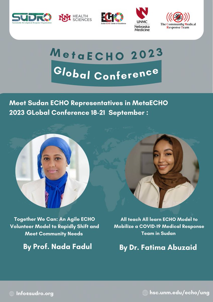 SudanECHO's tweet photo. SuDRO @CmrtSd is proud to present 8 abstracts at #MetaECHO conference
"All Teach, All Learn"
Accurate knowledge in the right place, at the right time, can save millions of lives.
Through @ProjectECHO we empower local communities to access specialized knowledge.
#TogetherWeCan https://t.co/xYkNzpAdi5