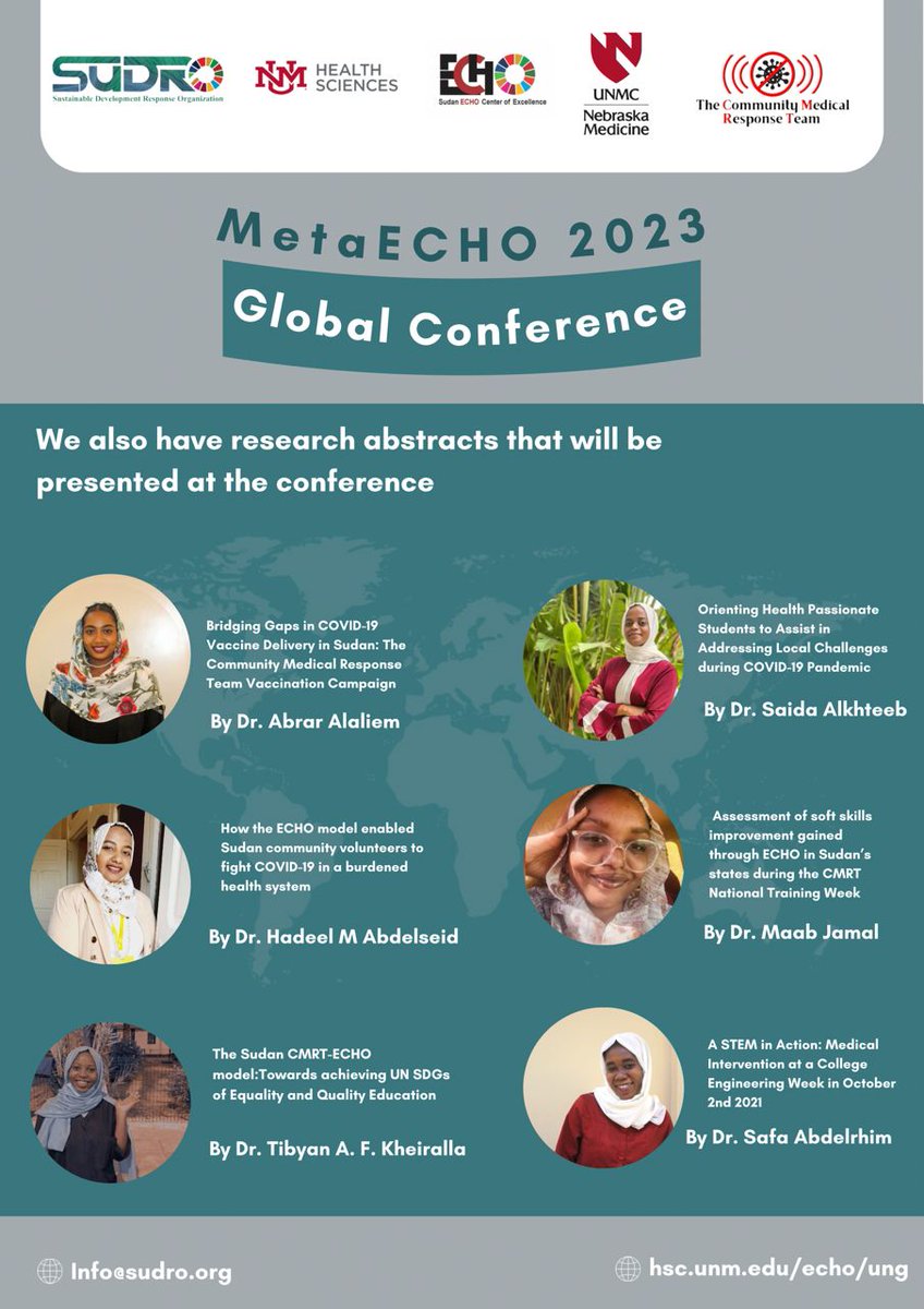 SudanECHO's tweet photo. SuDRO @CmrtSd is proud to present 8 abstracts at #MetaECHO conference
"All Teach, All Learn"
Accurate knowledge in the right place, at the right time, can save millions of lives.
Through @ProjectECHO we empower local communities to access specialized knowledge.
#TogetherWeCan https://t.co/xYkNzpAdi5
