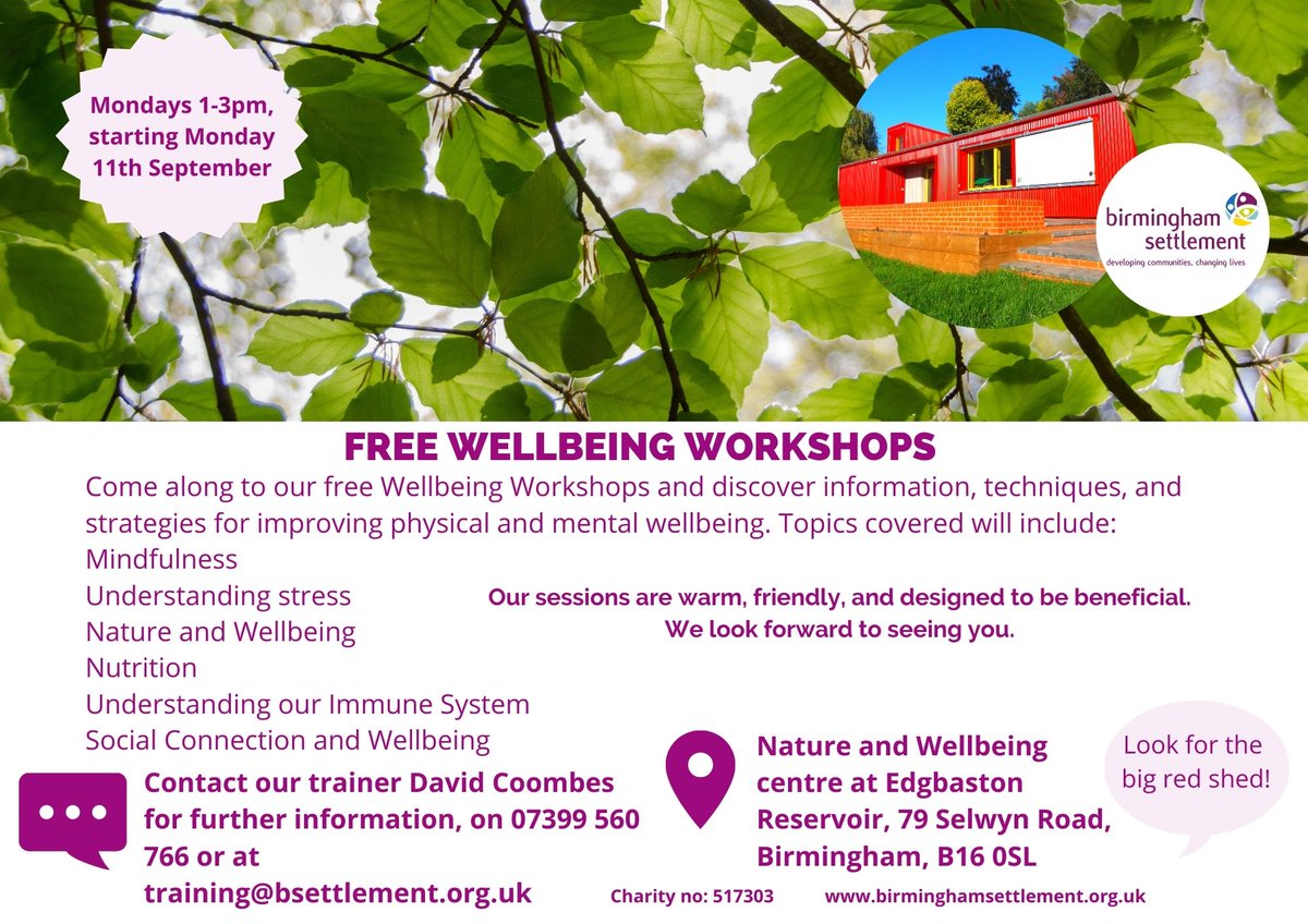 Birmingham Settlement are running free wellbeing workshops at the 'red shed' Nature and Wellbeing centre at Edgbaston Reservoir. See attached flyer for details. #wellbeingbirmingham