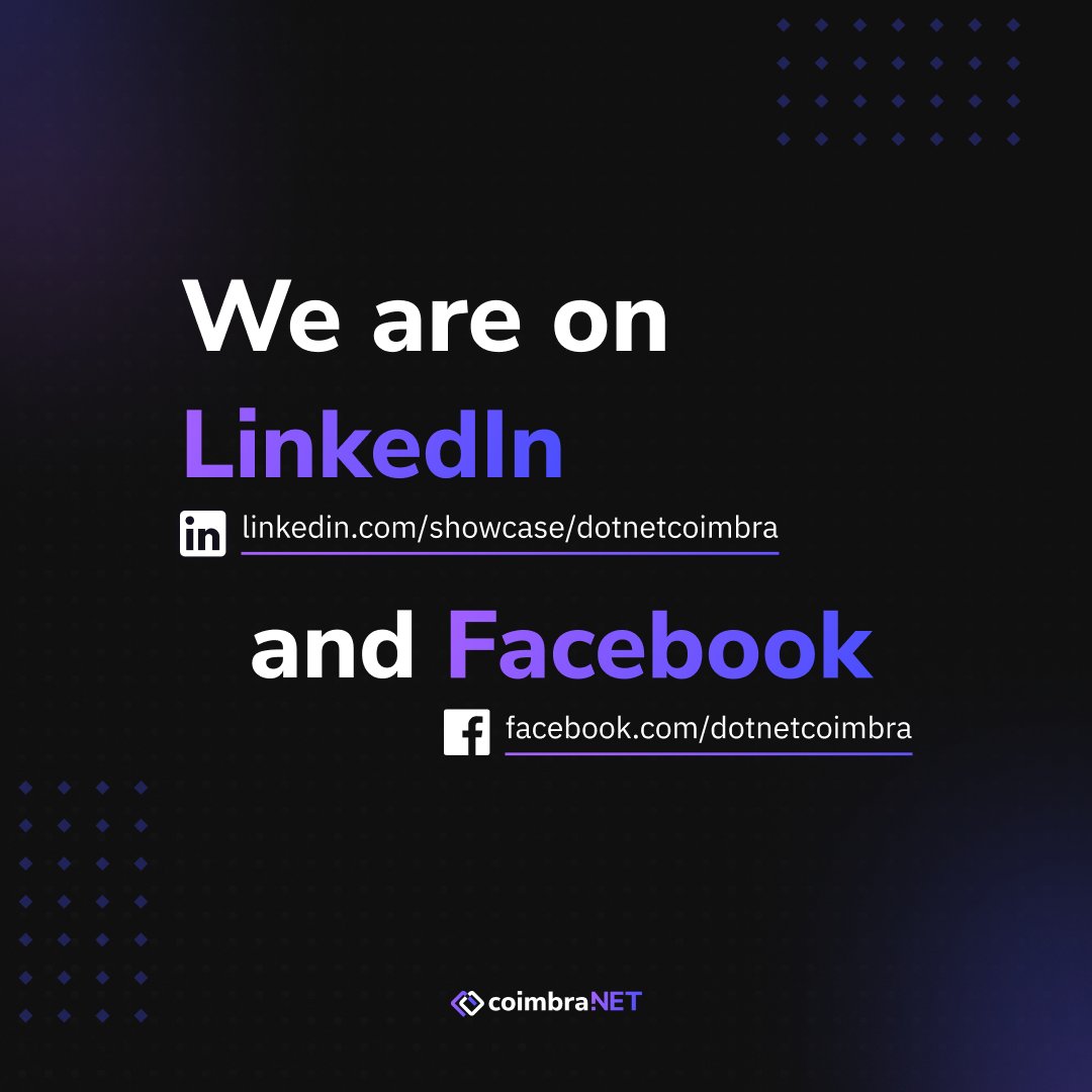 dotnetcoimbra's tweet photo. We're thrilled to expand our online presence! You can now find us on Facebook and LinkedIn.

Connect with us for the latest updates, insights, and community discussions about all things .NET.

Join our growing community, and let's explore the world of .NET together! https://t.co/gZRt97YIB2