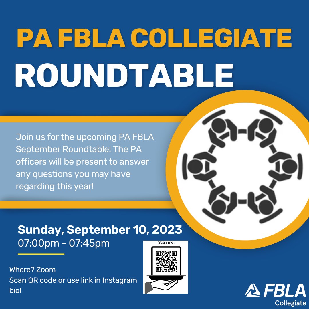 PA_FBLAC's tweet photo. Our first PA FBLA Roundtable Discussion will be held this Sunday, September 10th from 7:00PM - 7:45PM! This discussion is open to all PA chapters. You can access the Zoom through the link in our Instagram bio @pafblacollegiate or by scanning the QR code found in this post! https://t.co/SRlz0VkGxr