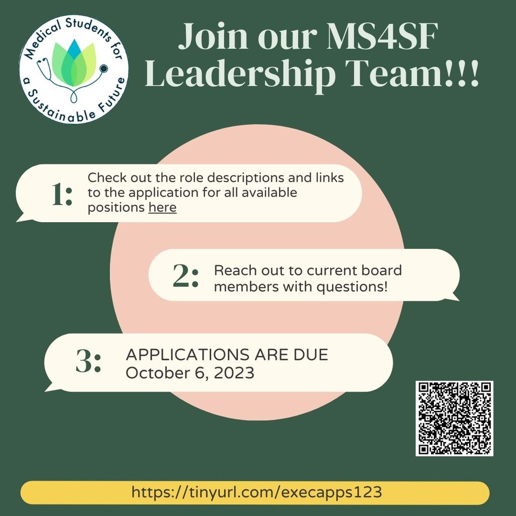 Join the next Leadership Team of MS4SF!! Be a part of this incredible team committed to advocacy, curriculum, research, and climate smart health care! 

Apps are due 10/06/23

#ClimateCrisis #climatehealth #

tinyurl.com/execapps123