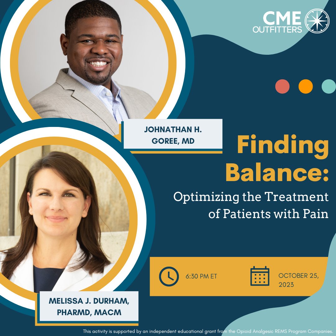 🩺Wondering how to effectively manage pain in your patients? Join @DrJGoree & Melissa J. Durham, PharmD, MACM, & learn about the @CDCgov Guideline for Prescribing Opioids on Oct. 25 - 6:30pm ET. Register & Earn FREE #CME cmeo.me/WC-075 #MedEd #MedTwitter #FOAMed #MedX