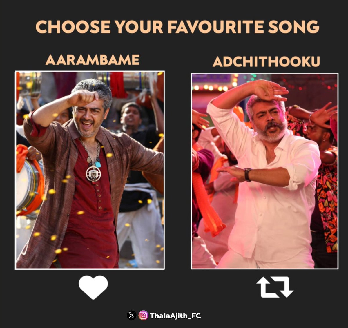 ThalaAjith_FC's tweet photo. Which Song Perfectly Suits For You This Weekend From Your Playlist????

Pick up Your Favorite One🥳🕺

Aarambame ❤️ - 🔃 Adchithooku💥

#VidaaMuyarchi https://t.co/c2KJsc9CCp