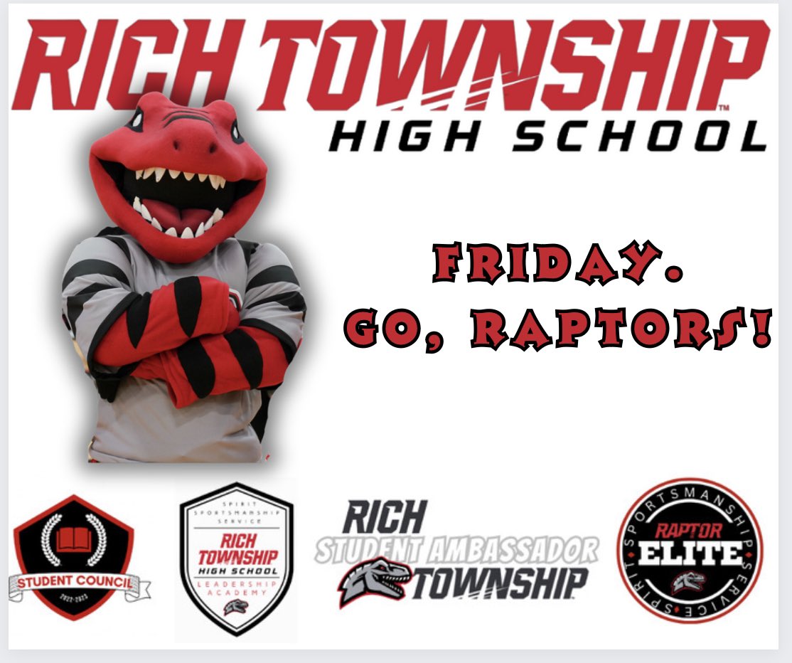 Richie the Raptor (@richietheraptor) on Twitter photo Friday - Go, Raptors! <a href="/RichTownshipHS/">Rich Township HSD 227</a> <a href="/RTHSActivities/">Raptor Activities and School Pride</a> <a href="/RTHS_Athletics/">Raptor Athletics</a> <a href="/RTHS_Poms_Dance/">Rich Township Dance/Poms</a> <a href="/rich227bands/">Rich227Bands</a> <a href="/rich227SCouncil/">Rich Township Student Council</a> <a href="/TheUproarRTHS/">Rich Township Raptors Student Newspaper</a> <a href="/RTHSGirlsTennis/">Rich Township Raptors Girls Tennis</a> <a href="/RichTownshipFB/">Rich Township Football</a> <a href="/RaptorCheerRTHS/">RaptorNation_Cheer</a> <a href="/DrJohnnieThomas/">Johnnie Thomas</a> <a href="/RTHSPrincipals/">RTHS Co-Principals</a> Friday - Go, Raptors! <a href="/RichTownshipHS/">Rich Township HSD 227</a> <a href="/RTHSActivities/">Raptor Activities and School Pride</a> <a href="/RTHS_Athletics/">Raptor Athletics</a> <a href="/RTHS_Poms_Dance/">Rich Township Dance/Poms</a> <a href="/rich227bands/">Rich227Bands</a> <a href="/rich227SCouncil/">Rich Township Student Council</a> <a href="/TheUproarRTHS/">Rich Township Raptors Student Newspaper</a> <a href="/RTHSGirlsTennis/">Rich Township Raptors Girls Tennis</a> <a href="/RichTownshipFB/">Rich Township Football</a> <a href="/RaptorCheerRTHS/">RaptorNation_Cheer</a> <a href="/DrJohnnieThomas/">Johnnie Thomas</a> <a href="/RTHSPrincipals/">RTHS Co-Principals</a>
