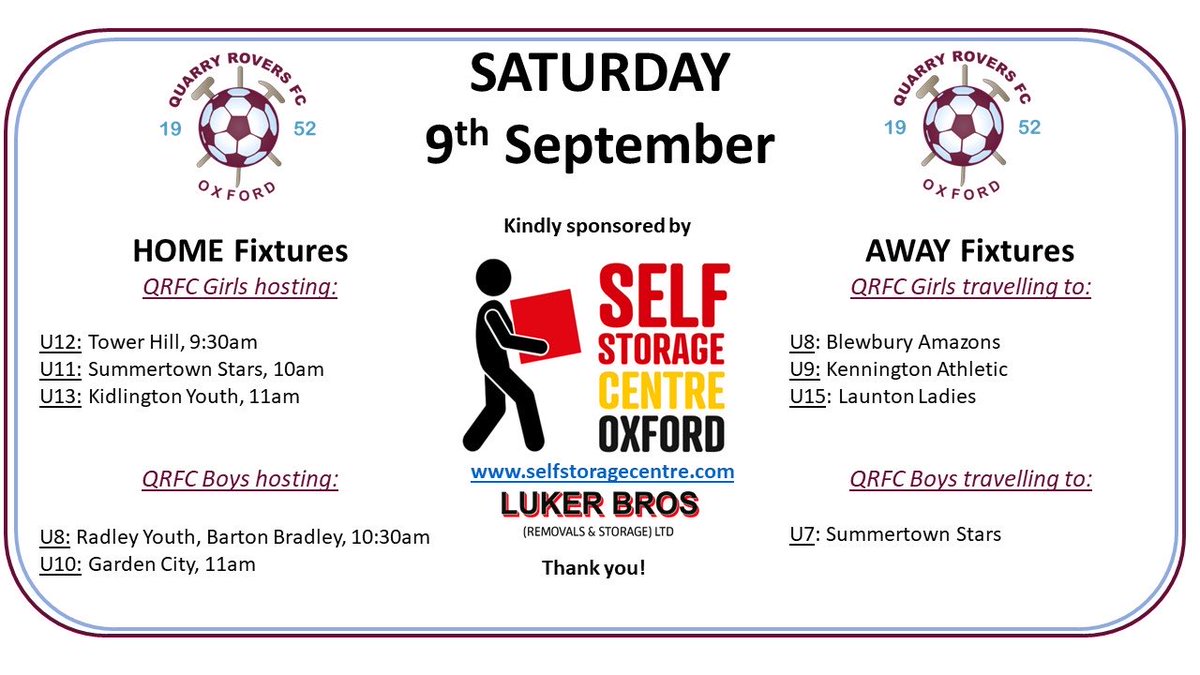 Quarry Rovers FC (@quarryrovers) on Twitter photo A whopping 4 games to enjoy on our first Saturday at the Rec. U10 boys and U11/12/13 girls face Garden City, <a href="/SummertStarsAFC/">Summertown Stars AFC</a> <a href="/towerhillfc/">Tower Hill FC</a> <a href="/Kidlingtonythfc/">Kidlington Youth FC</a> and U8 play Radley Youth at our Barton Bradley pitch. Come along and enjoy ⚽️and ☕️🧃 A whopping 4 games to enjoy on our first Saturday at the Rec. U10 boys and U11/12/13 girls face Garden City, <a href="/SummertStarsAFC/">Summertown Stars AFC</a> <a href="/towerhillfc/">Tower Hill FC</a> <a href="/Kidlingtonythfc/">Kidlington Youth FC</a> and U8 play Radley Youth at our Barton Bradley pitch. Come along and enjoy ⚽️and ☕️🧃