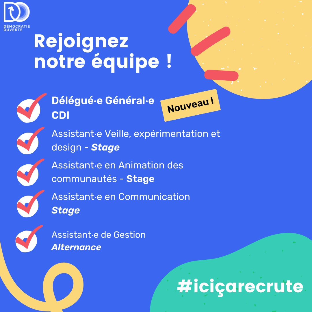 DemOuverte's tweet photo. #emploi Découvrez les offres :

✅ Délégué‧e Général‧e 
✅ Assistant‧e Veille, expérimentation et Design #Stage 
✅ Assistant‧e en Communication #Stage 
✅ Assistant‧e de Gestion #Alternance 
✅ Assistant‧e en Animation des communautés #Stage 

https://t.co/wuMQwiwI3p https://t.co/qvijIfHrWt