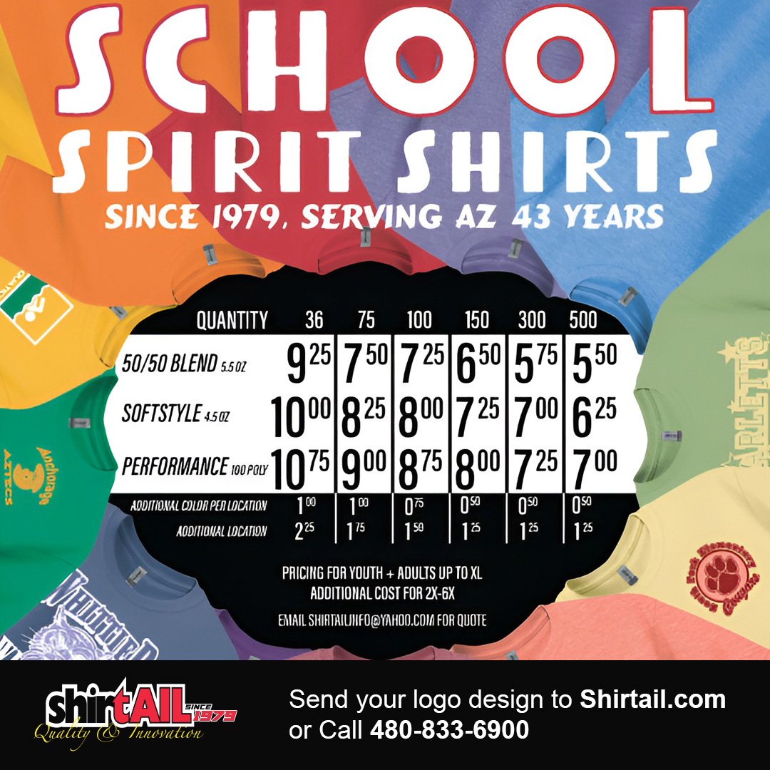 Order your back-to-school + spirit wear orders now &amp; have them ready for the next pep rally or game day!

Shirtail: Custom Printing &amp; Embroidery
Toll Free: 877-447-8245
Email: shirtailinfo@yahoo.com
Website: shirtail.com

#SchoolSpiritShirts
#TeamPride
#SpiritWear