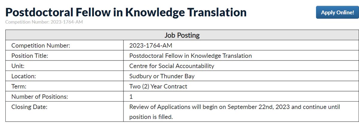 The CFSA is looking to recruit a postdoctoral fellow to work on its implementation science research projects and to help programs mobilize knowledge to action in support of projects advancing socially accountable learning health systems! Apply here: nosm.ca/about/administ…