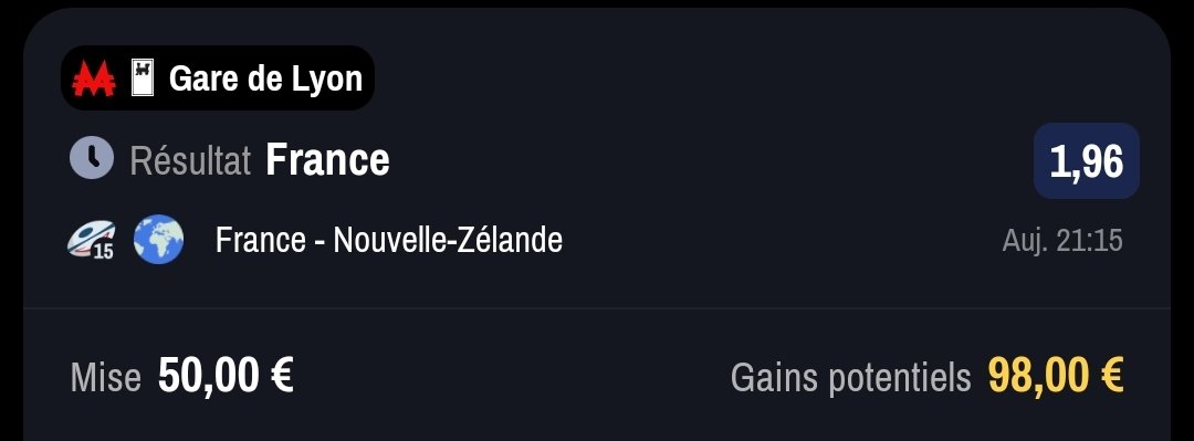 BPPLT8's tweet image. BPP -&amp;gt; Promo Winamax Monopoly
J'ai bien fait d'attendre la cote vient de bouger !
On tente une gare ou d'autre défis :
On perd 4,24€ mais récupérer la carte si la France gagne ! 🔥
On perd 1,48€ mais on gagne 5€ de FBs sur PSEL et on passe PMU
Remboursé si Nul !
#TeamParieurs
