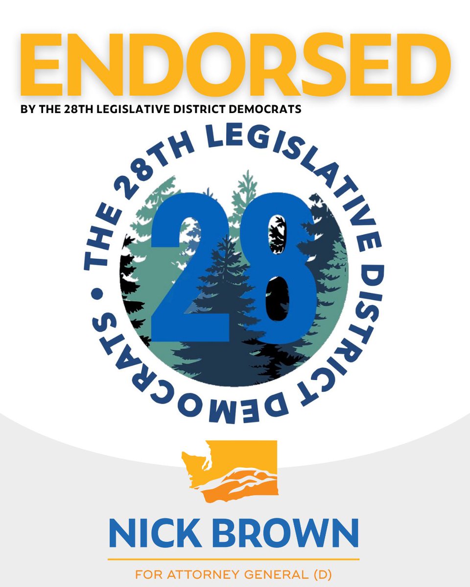 Grateful for the endorsement of the 28th District Democrats, encompassing areas like University Place, Lakewood, & Steilacoom! Your support strengthens our commitment to justice & equality for all. Together, we'll make Washington a better place for everyone! #NickBrownForAG