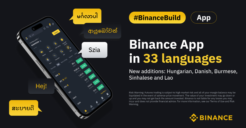 binance's tweet photo. For our latest #BinanceBuild update, we've added even more languages to the #Binance app.

Some of our recent additions:
🔸 Hungarian
🔸 Danish
🔸 Burmese
🔸 Sinhalese
🔸 Lao

This takes our total for languages supported to 33! 🌎

Download the app today to try it for yourself ⤵️