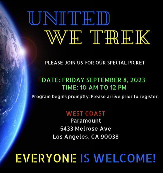 ChaseMasterson's tweet photo. TODAY. Let’s show the heads of Paramount what Star Trek means. #UnitedWeTrek 

#SAGAFTRAStrong #SAGAFTRAStrike #WGAStrike #UnitedWeStrike https://t.co/JJDdQPvWpf