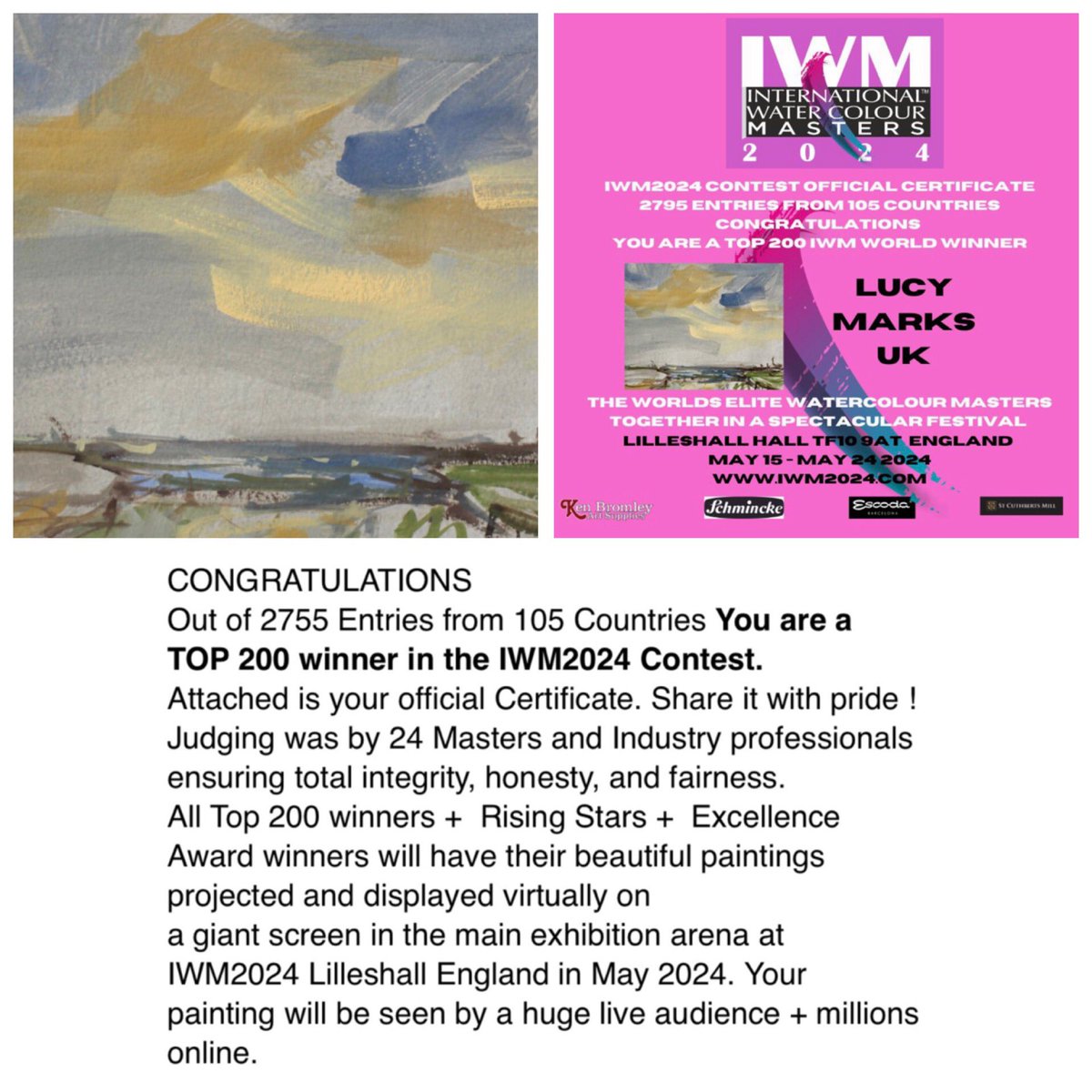 Lovely news today. Thrilled to hear ‘Across the land’ is a ‘Top 200 Winner’ in the International Watercolour Masters 2024 @iwm2024.  

#top200 #watercolour #watercolor #internationalwatercolourmasters #lilleshall #winner