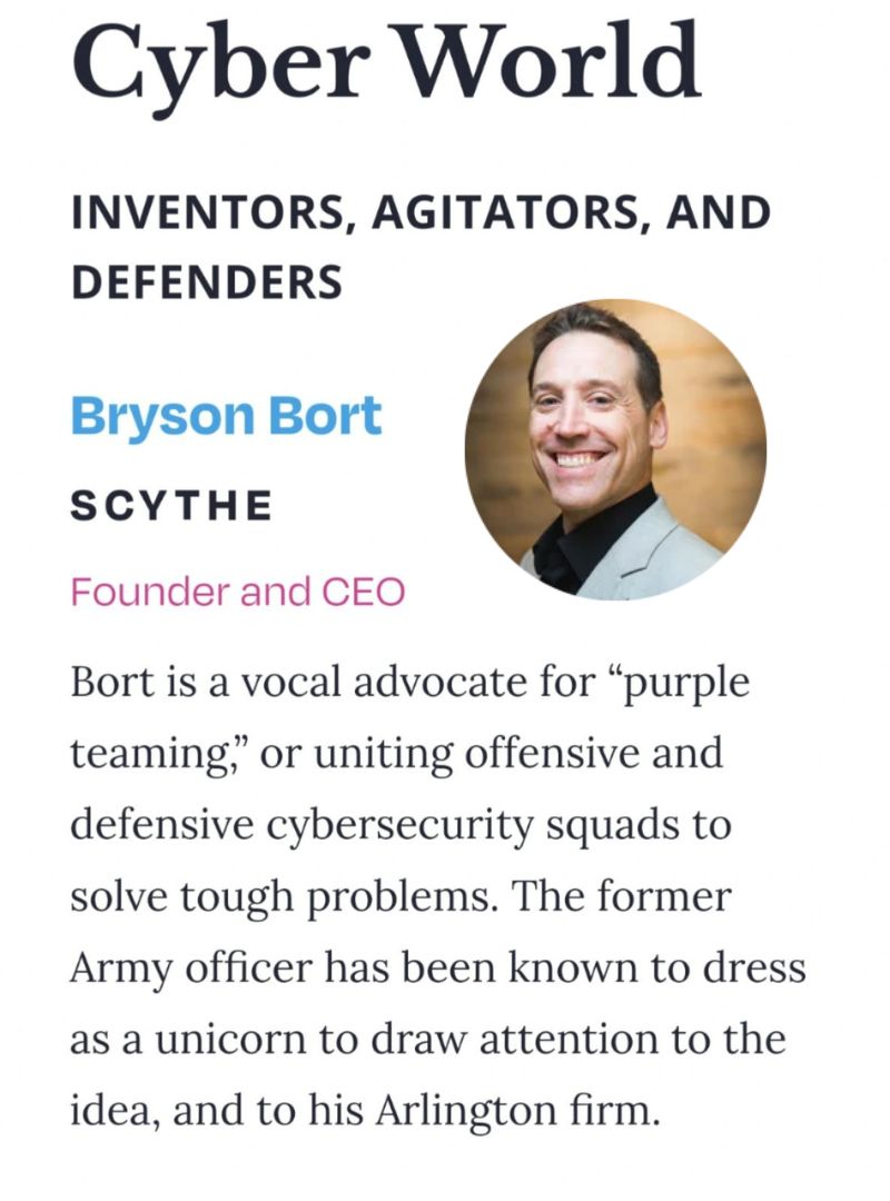 'Thank you @washingtonian Magazine for recognizing me as a Tech Titan for the second year in a row. Alone, I'm just a solitary 🦄. Together we are a Herd that can do great things.' -SCYTHE CEO @brysonbort 🎯 Check out the 2023 #techtitan lineup: tinyurl.com/2dn4pesz