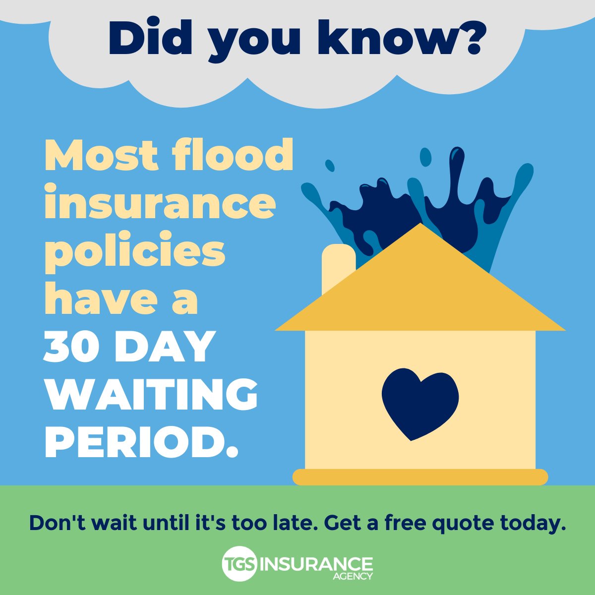 TGSInsurance's tweet image. We're still in the peak months of hurricane season 🌀 and it's time to ensure you're prepared with insurance. It takes 3️⃣0️⃣ DAYS for your #floodinsurance to kick in, so don't wait until the next storm ⛈️ Check out our website for a free quote: bit.ly/3r2DugB