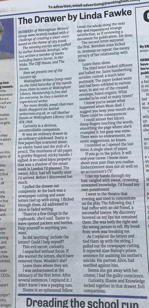 Got to celebrate every little success! In the local paper today- highly commended in the Wokingham Writers' Group Flash Fiction competition #flashfiction #WritingCommunity