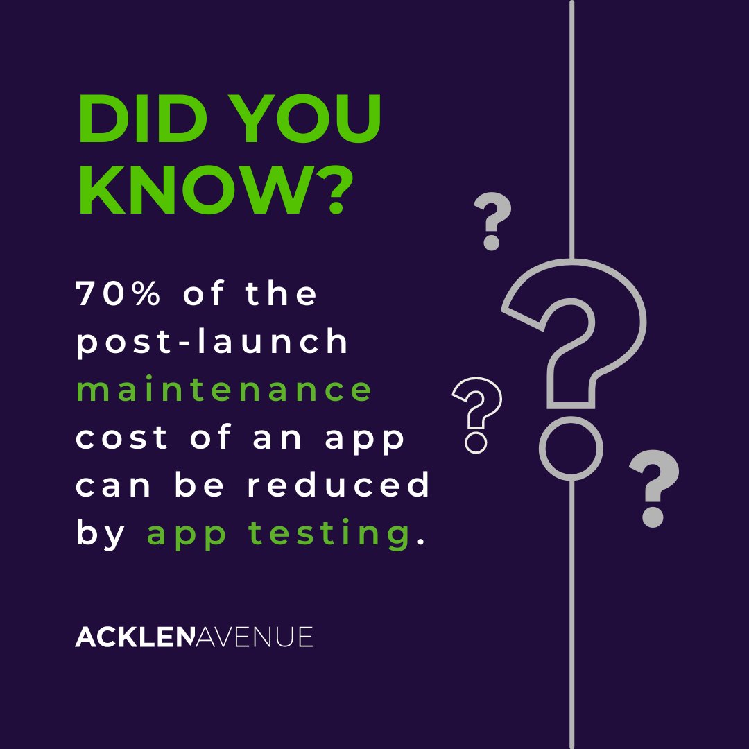 acklenavenue's tweet image. Thorough app testing can slash your post-launch maintenance costs by 70%!🤩
Majority of bugs are identified and fixed during the testing phase, resulting in fewer updates and patches required.
Book a discovery call today: hubs.ly/Q020ZGss0
#perfectcode #acklenavenue