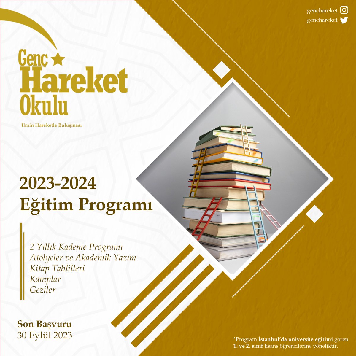 Genç Hareket, yeni bir eğitim programıyla ilim
yolculuğuna çıkıyor. 

“Hareket Okulu” ismiyle İstanbul’da lisans öğrenimi
gören katılımcılara yönelik olan programa; disiplinli, ilme iştiyakı olan ve araştırma yapmak isteyenleri bekliyor. Başvuru formu yorumlar kısmında.