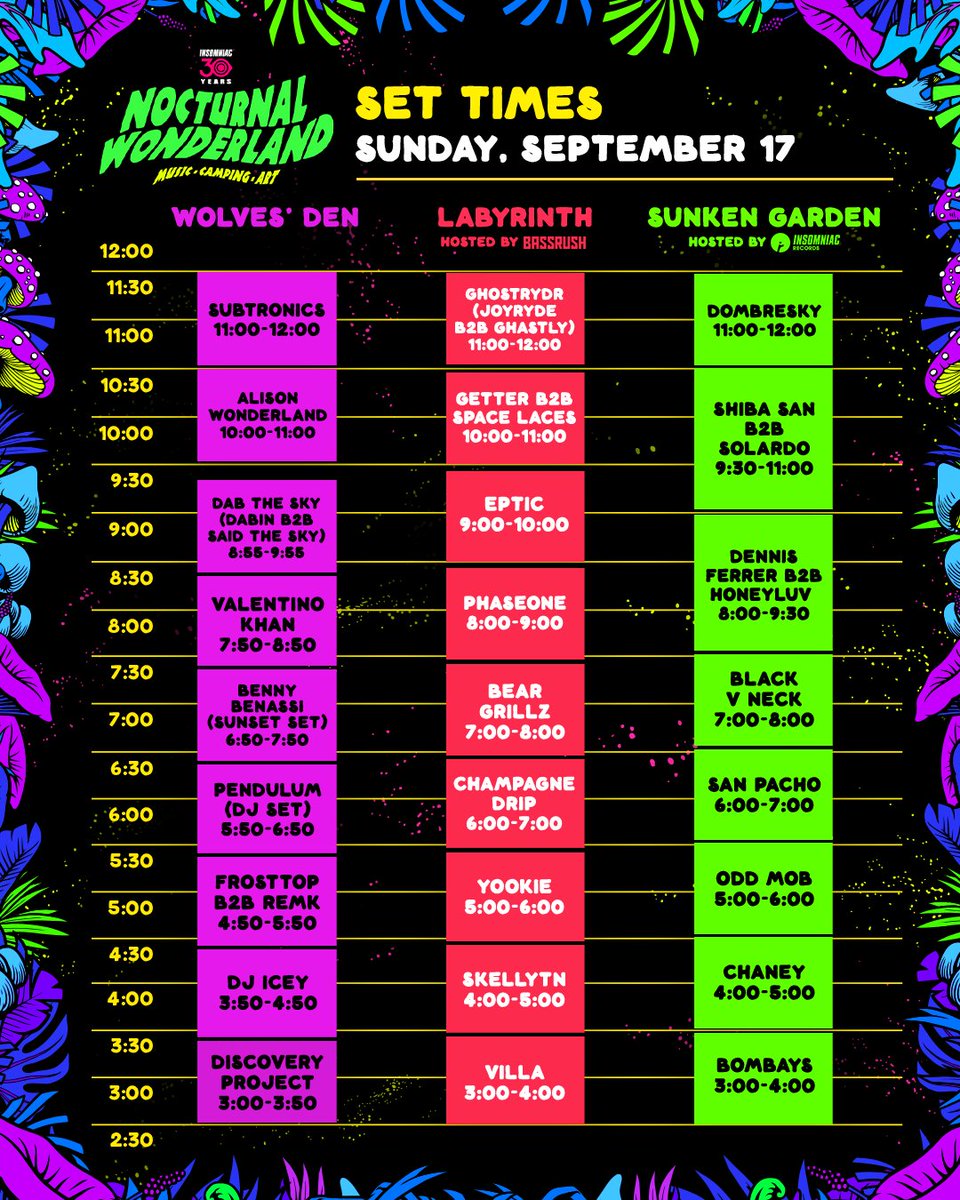 Nocturnal Wonderland schedule