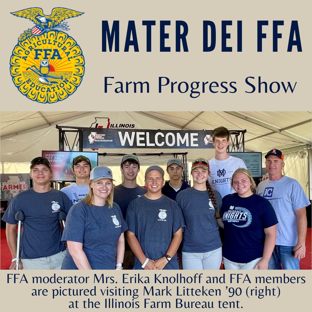 FFA moderator Mrs. Erika Knolhoff and thirteen FFA members traveled to the Farm Progress Show on Aug. 31.  We thank Clinton County Farm Bureau for sponsoring their attendance!

Photo: Knolhoff and members visited Mark Litteken ’90 (right) at the IL Farm Bureau tent.

#WeAreMD