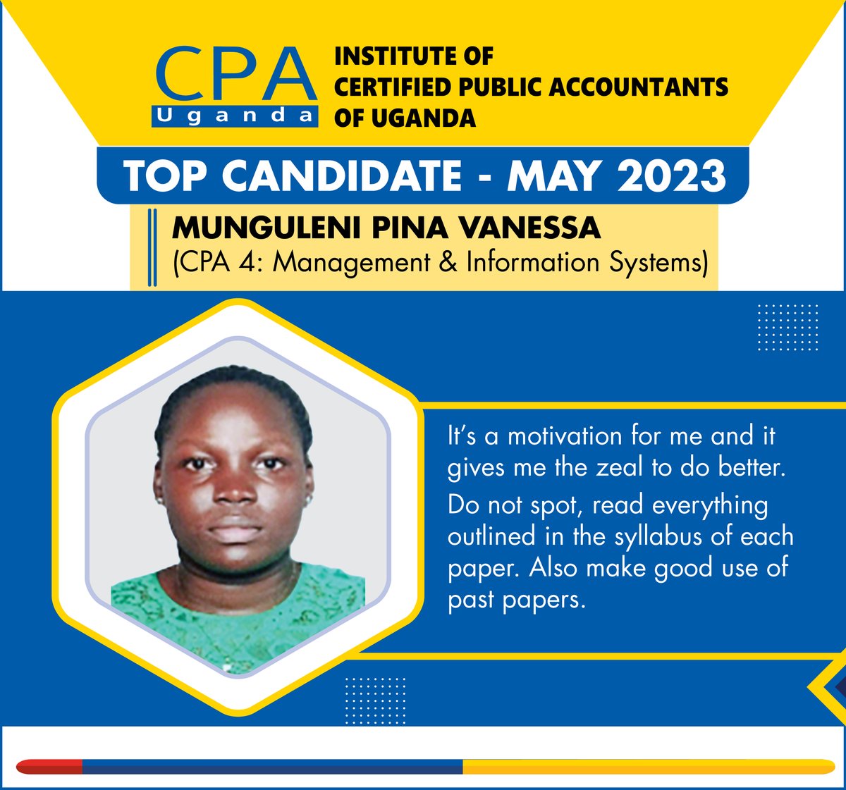 ICPAU1's tweet photo. 🎉 Celebrating excellence! 🏆

Congrats to Munguleni Pina Vanessa (CPA Paper 4) and Laura Kyomugisha (CPA Paper 7) for excelling in their May 2023 exams.

You're shining stars in our #ICPAUStudents community! 🌟

#PromotingProfessionalismInAccountancy https://t.co/Ox8Cd3nPz5