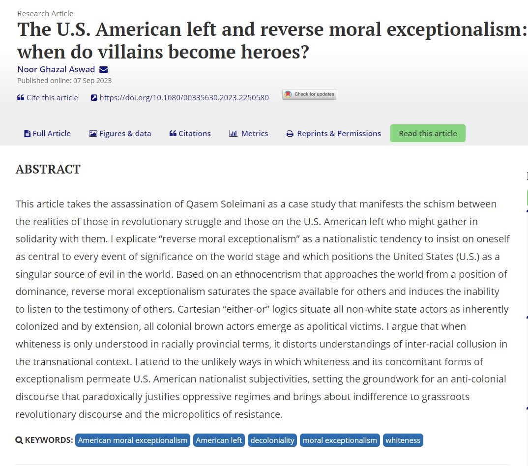 Delighted to announce the publication of my paper “The U.S. American Left and Reverse Moral Exceptionalism: When to Villians become Heroes?” in one of our field’s top journals, the Quarterly Journal of Speech #publication #americanleft #syrianrevolution #Solidarity