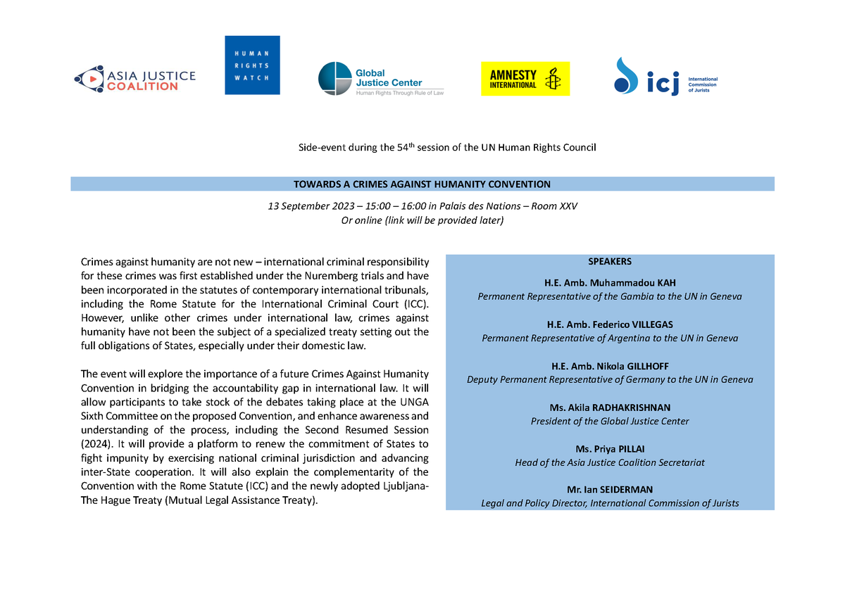 WEDNESDAY: We are thrilled to be able to co-host this #HRC54 side event on the draft crimes against humanity treaty.

Join us and our co-hosts (<a href="/asiajcoalition/">Asia Justice Coalition</a> <a href="/ICJ_org/">ICJ</a> <a href="/hrw/">Human Rights Watch</a> <a href="/amnesty/">Amnesty International</a>) for an urgent discussion on the treaty.