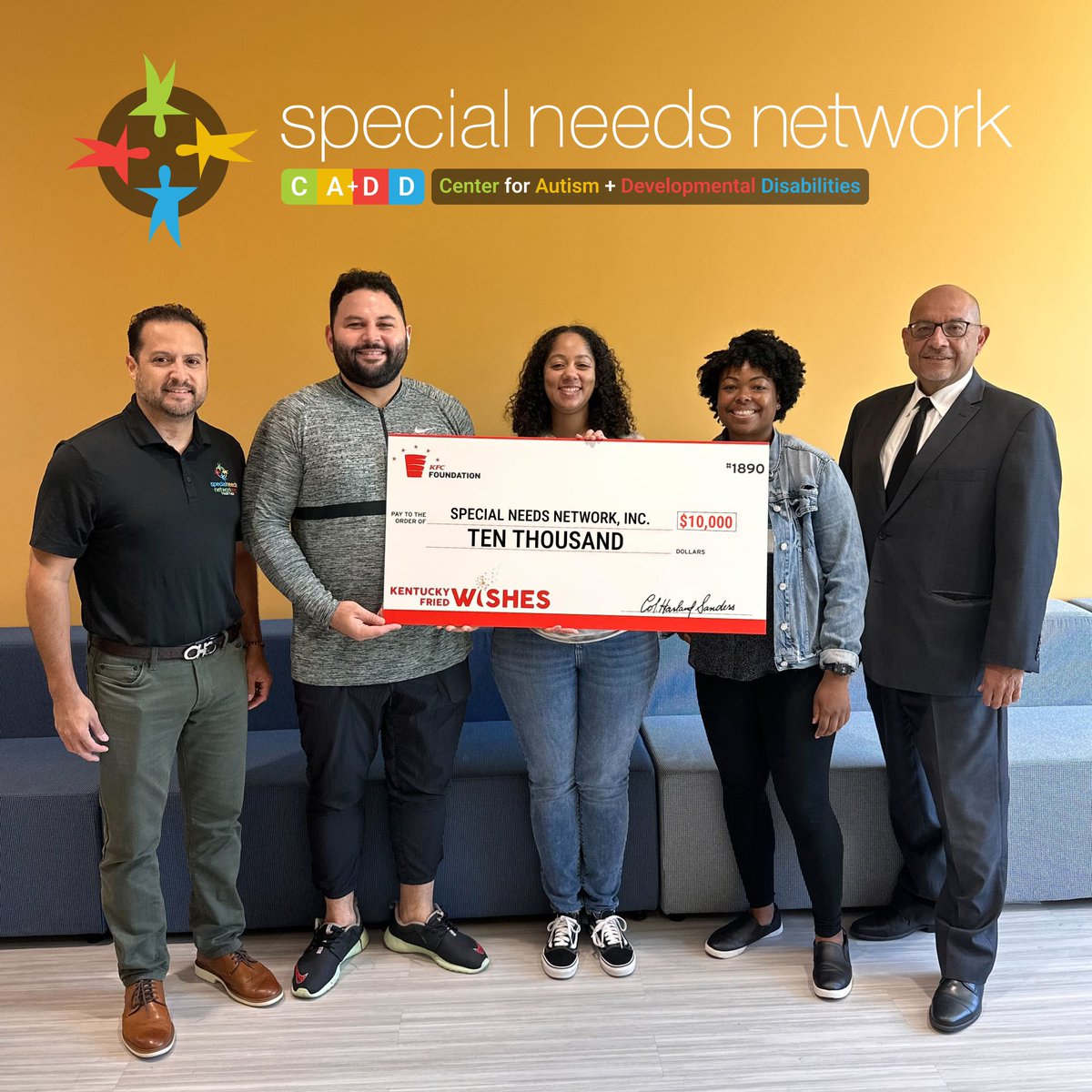 SpecialNeedsLA's tweet photo. Thanks to Kentucky Fried Wishes initiative, we're receiving a generous $10,000 grant for our new Center for Autism & Developmental Disabilities OT/SLP room! 💪 @kfcfoundation #SpecialNeedsNetwork #KFCFoundation #InclusionMatters https://t.co/6M4NLctwQ3