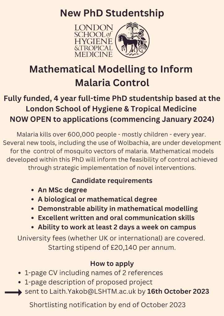 ChianaNadou's tweet photo. Great #PhD #Opportunity in Mathematical Modelling to inform Malaria Control at @LSHTM with @PassingShip @OliverBrady1 

Deadline: October, 16th 2023

#Mathematical #Modelling #Malaria #Control #Wolbachia

@AMMnetwork @_SOVE_ @GlobalVectorHub @LSTMvector https://t.co/RuIHfB1WWP