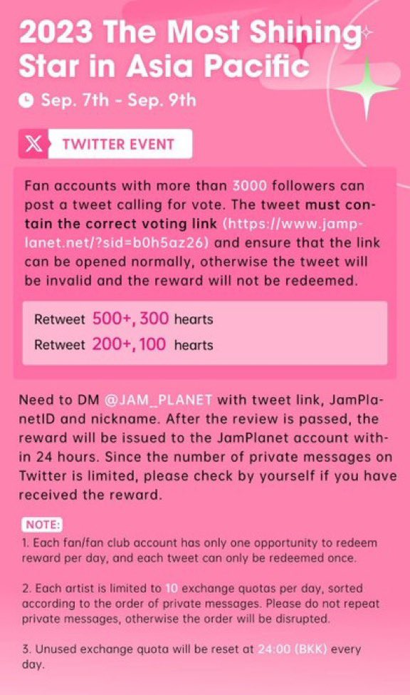 [09092023] Day 3 - JAM PLANET - Twitter Event

Please RT/QRT this post to win votes for Build! 💙

🎯200+ RT = 100 hearts
🎯500+ RT = 300 hearts

🔗jamplanet.net/?sid=b0h5az26 

#BuildJakapan #JamPlanet