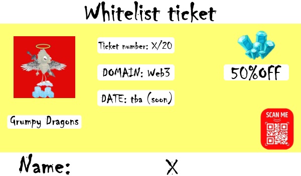 🎟️Whitelist tickets🎟️
PHASE 2

This ticket gives you a 50% discount!💰
3 MAX per WALLET!
Tickets will be personalized!
Random lucky winners will be announced in next 72h
Good luck!🍀
#Giveaway #GDNFT #nothingtodo