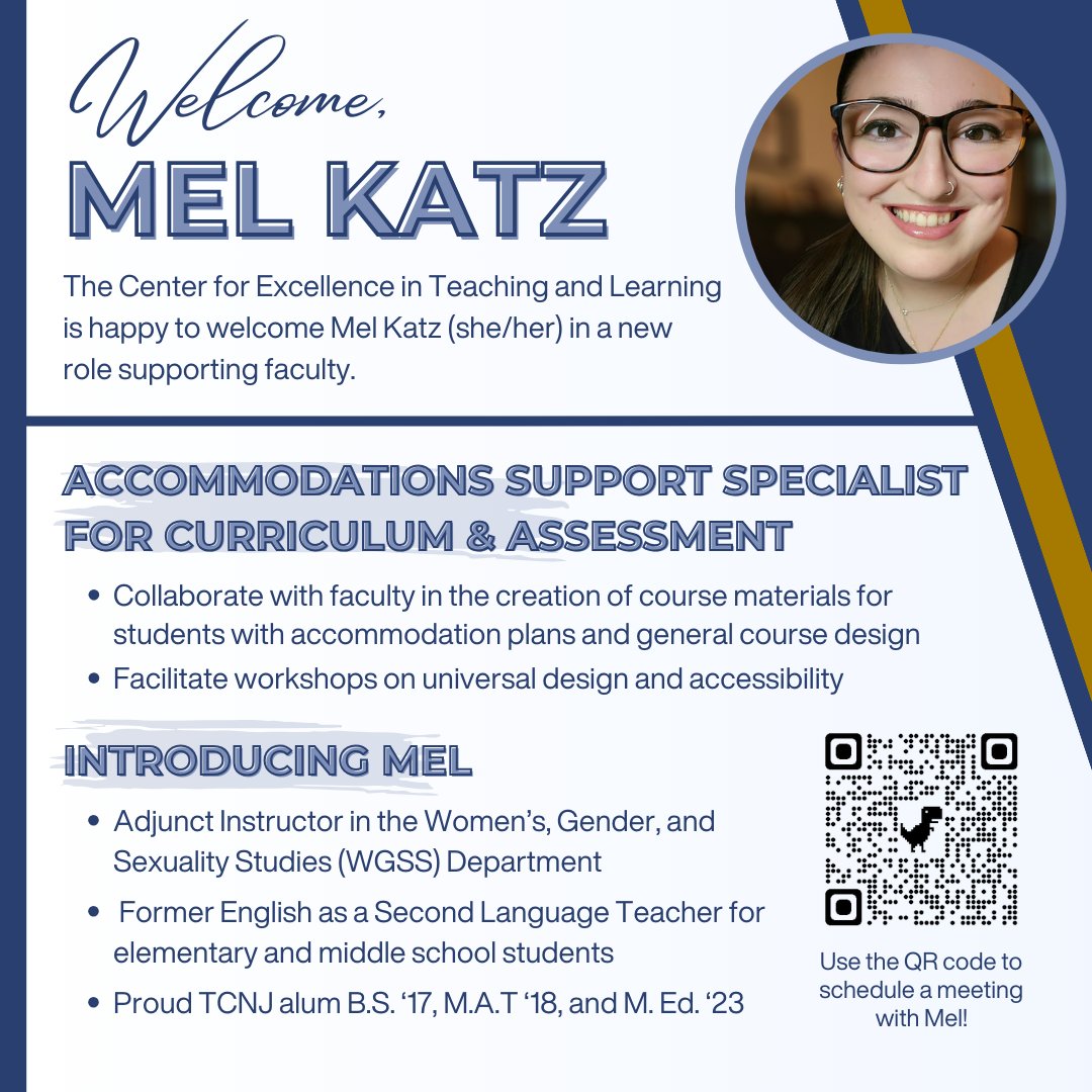 CETL is thrilled to welcome Mel Katz as TCNJ's Accommodations Support Specialist for Curriculum &amp; Assessment. She is ready to collaborate with faculty! #tcnj #tcnjacademicaffairs