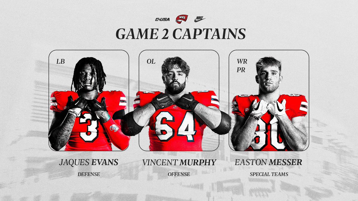 WKURecruiting's tweet photo. Week 2️⃣ Captains

Defense- Jaques Evans

Offense- Vincent Murphy

Special Teams- Easton Messer https://t.co/WSLGAt3T3X