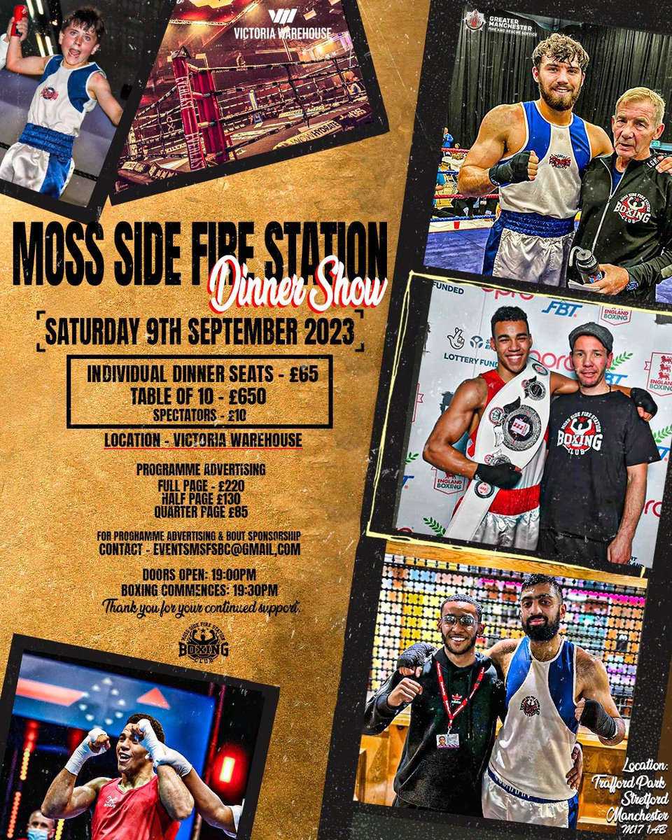 mosssidefirebox's tweet photo. A gentle reminder that our Dinner Show tomorrow is at our new venue The Victoria Warehouse, Old Trafford. The night begins at 7pm, boxing due to start at 7.30pm https://t.co/zaK3saB7Hy
