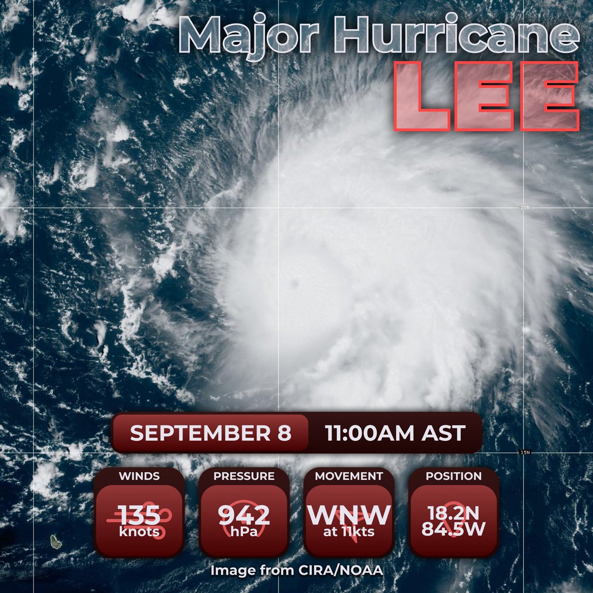 astradiayt's tweet photo. #Hurricane #Lee weakens to a #Category4 after getting hit with shear; on the other hand, #Jova has a satisfying structure despite being weaker than before. Margot is still alive, just very slightly weaker. https://t.co/mYT5gHZHuW