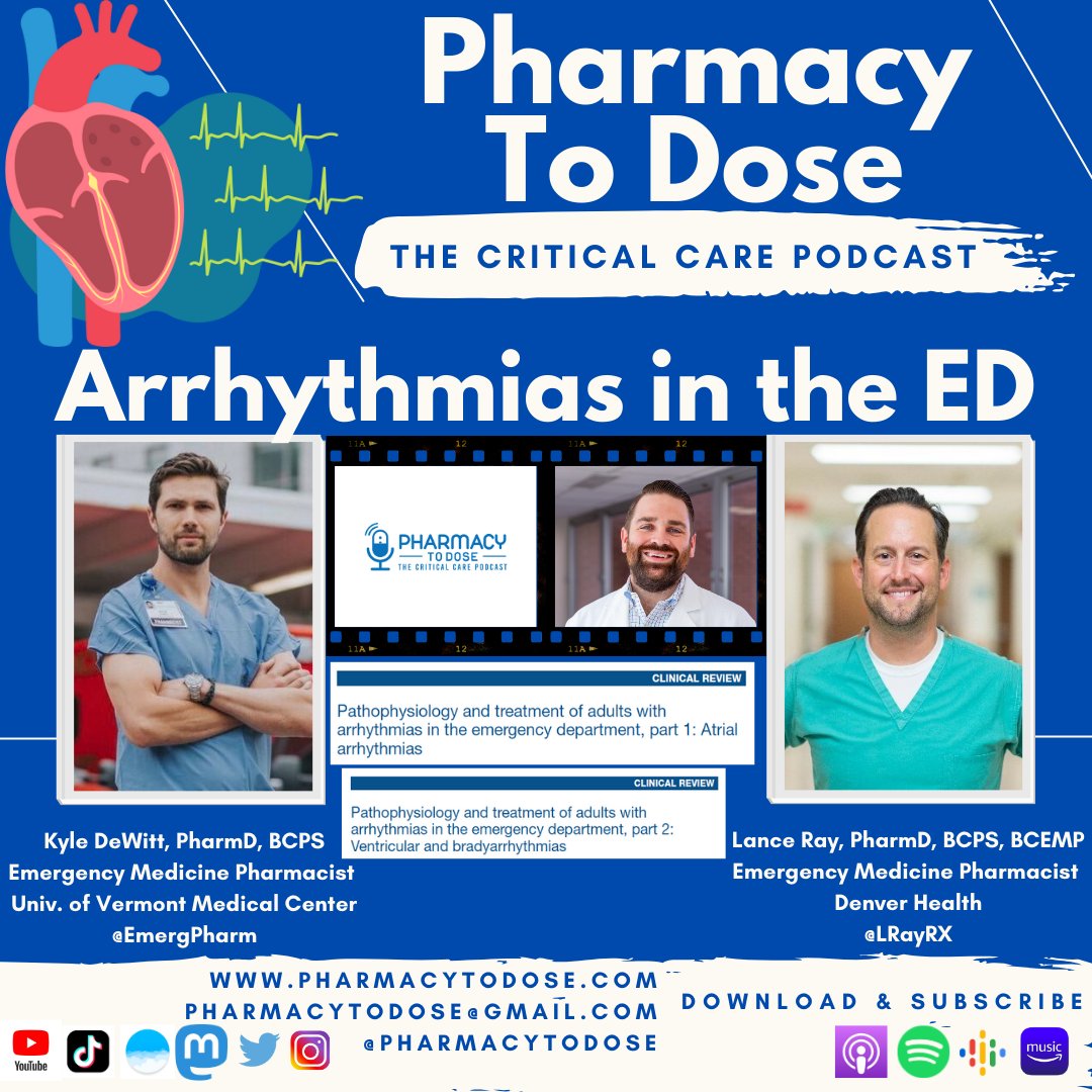 🚨NEW POD ALERT🚨
Arrhythmias in the Emergency Department
ft. Kyle DeWitt <a href="/EmergPharm/">Kyle DeWitt</a> and Lance Ray <a href="/LRayRx/">Lance Ray</a> 

BB v. CCB in AF ⚔️
EKGs for PharmDs 🫀
Atropine for all? 🤔
Mg doesn't treat TdP? 🤯
Esmolol in refractory VT/VF 👎
Spelling arrhythmia 🛑
&amp; more!

Reference list has