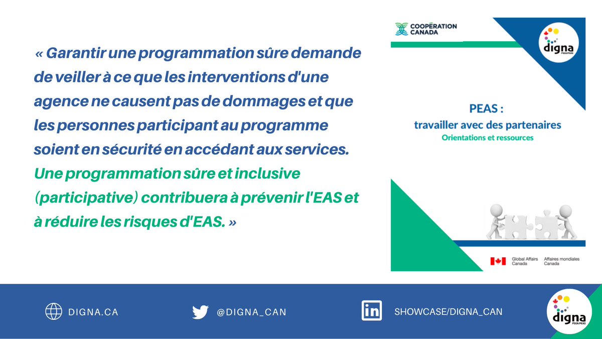 Pour assurer la #PEAS avec les partenaires:
✅ Co-créer des programmes
✅ Effectuer des évaluations conjointes des risques
✅ Suivre la mise en œuvre
✅ Partager l'information sur le CoC/CHM
✅ Assurer une participation inclusive

En savoir plus:  digna.ca/wp-content/upl…