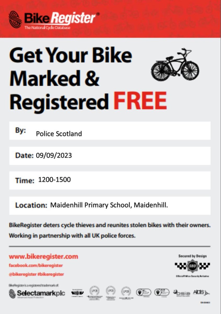 PSOSEastRen's tweet photo. 🚲🚲 Come along and bring your bicycle to @MaidenhillERC tomorrow, Saturday 9th September 2023, between 12pm and 3pm, to have your bike @bikeregister marked by community officers from @PSOSEastRen for free! #OpOptimize #PedalProtect #Maidenhill https://t.co/kStE19ohrW